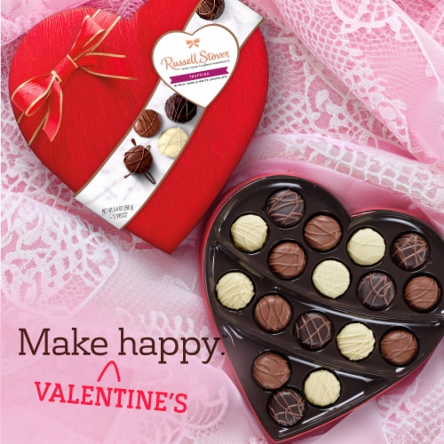 RUSSELL STOVER Valentine's Day Fabric Heart Milk, Dark & White Chocolate Truffle Candy Gift Box Perspective: right