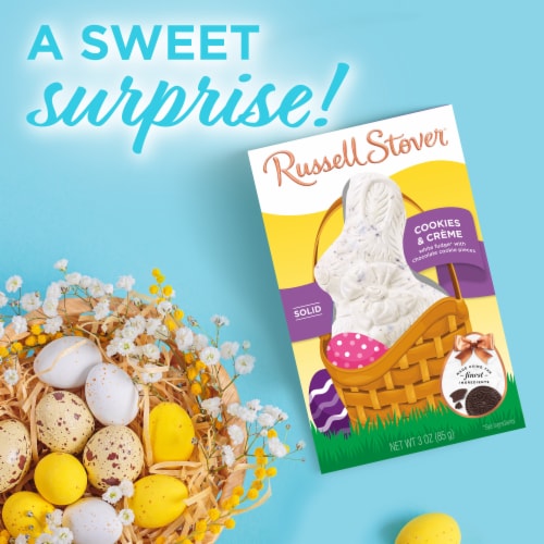 RUSSELL STOVER Easter Bunny Cookies & Crème Solid White Fudge Chocolate Candy Rabbit Perspective: right