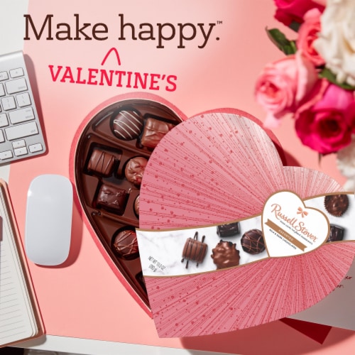 RUSSELL STOVER Valentine's Day Rose Gold Assorted Milk & Dark Chocolates Heart Gift Box Perspective: right