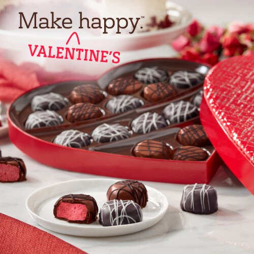 RUSSELL STOVER Valentine's Day Red Velvet Truffle in Milk & Dark Chocolate Heart Gift Box Perspective: right