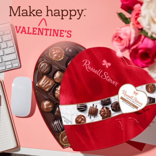 RUSSELL STOVER Valentine's Day Red Foil Heart Assorted Milk & Dark Chocolate Gift Box Perspective: right
