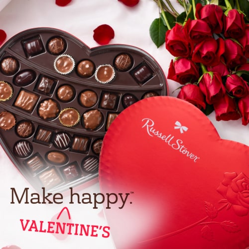 RUSSELL STOVER Valentine's Day Red Foil Heart Assorted Milk & Dark Chocolate Candy Gift Box Perspective: right