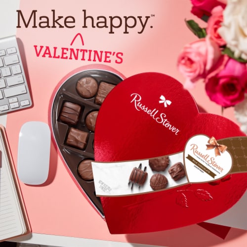 RUSSELL STOVER Valentine's Day Red Foil Heart Assorted Milk Chocolate Candy Gift Box Perspective: right