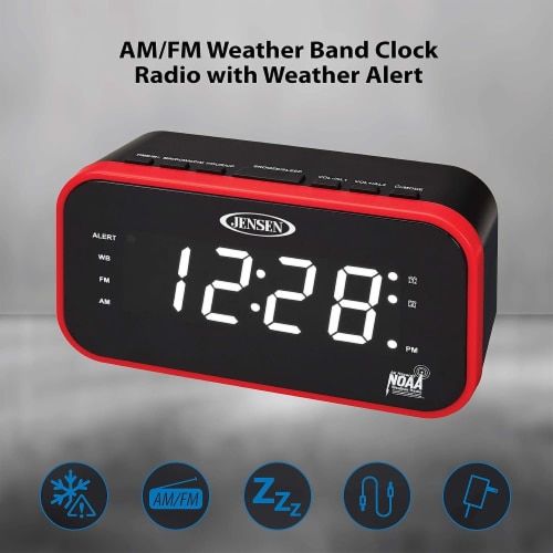 Jensen JEP-150 AM/FM Weather Band Clock Radio - Red/Black Perspective: right