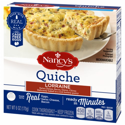 Nancy's Lorraine Quiche with Eggs, Swiss Cheese, Bacon, Onion & Chives Frozen Meal, Box Perspective: right