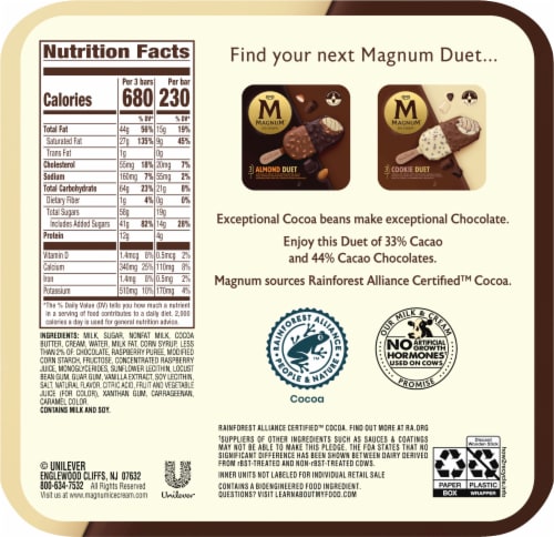 Magnum Duet Chocolate with Raspberry Swirl Dipped in White & Milk Chocolate Ice Cream Bars Perspective: right