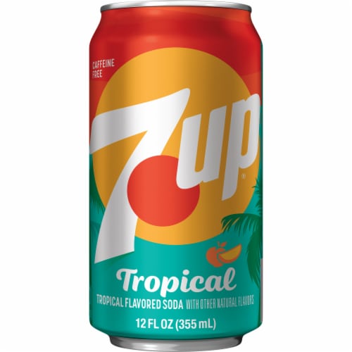 7UP Tropical Caffeine Free Lemon Lime Mango Peach Soda Cans Perspective: right