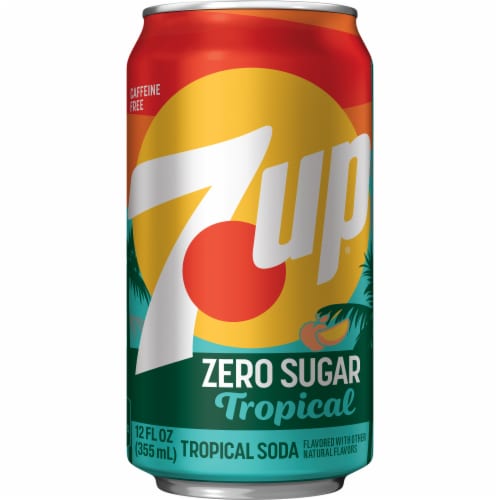 7UP Tropical Zero Sugar Caffeine Free Lemon Lime Mango Peach Soda Cans Perspective: right