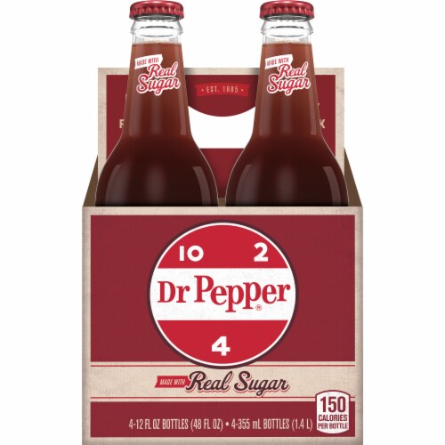 New DR PEPPER Made With REAL SUGAR Soda Pop (4) 12 Oz Glass Bottles