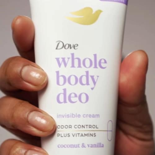 Dove Whole Body Invisible Cream Deodorant Coconut & Vanilla, Aluminum Free, 72h Odor Control Perspective: right