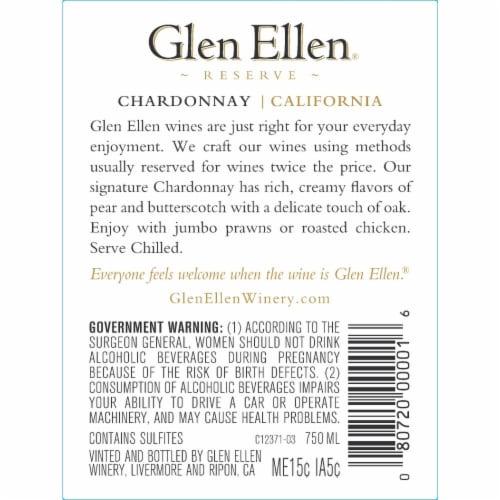 Concannon Vineyard Glen Ellen Reserve Chardonnay California White Wine Perspective: right