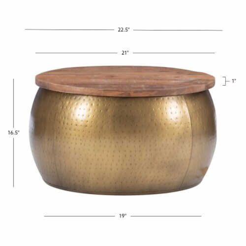 Linon Reid Metal Drum Table with Storage in Brass Perspective: right