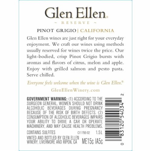 Glen Ellen Pinot Grigio California White Wine Perspective: right
