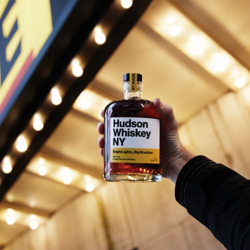 Hudson Whiskey Bright Lights Big Bourbon NY Straight Bourbon Whiskey Perspective: right