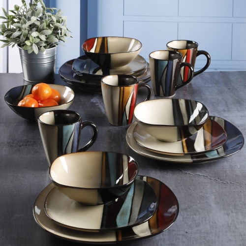Gibson Elite 16 Piece Reactive Glaze Dinnerware Plates, Bowls, and Mugs, Red Perspective: right