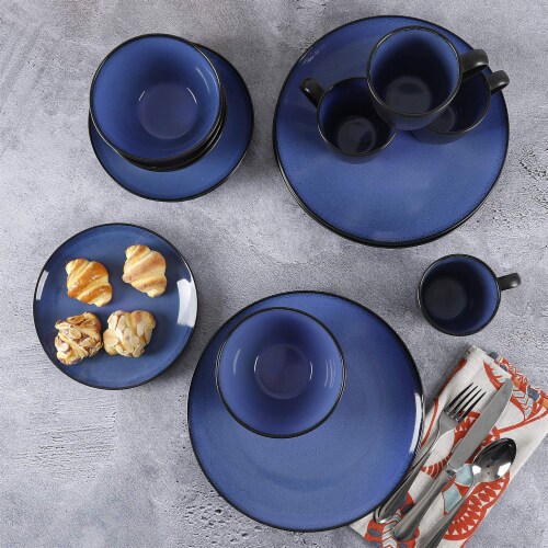 Gibson Soho Lounge 16 Piece Round Glaze Dinnerware Plates, Bowls, & Mugs, Blue Perspective: right