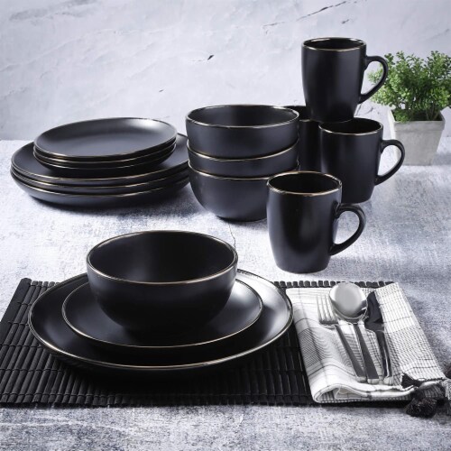 Gibson Home Rockaway Round Stoneware Dinnerware, Set of 16, Black with Gold Rim Perspective: right