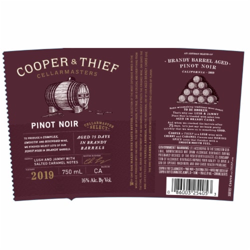 Cooper & Thief Aged 75 Days In Brandy Barrels Pinot Noir California Red Wine