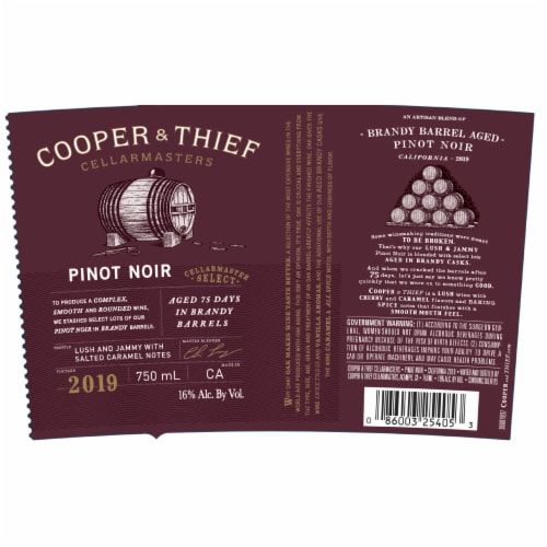 Cooper & Thief Aged 75 Days In Brandy Barrels Pinot Noir California Red Wine Perspective: right