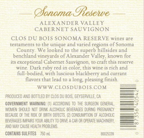 Clos du Bois Sonoma Reserve Cabernet Sauvignon California Red Wine Perspective: right