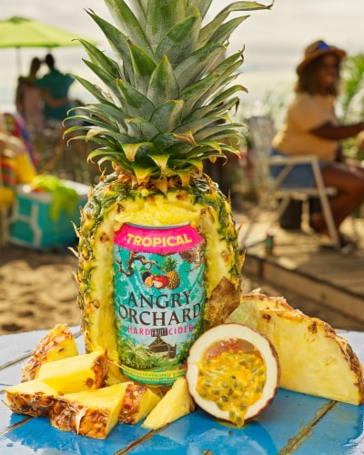 Angry Orchard Tropical Fruit Hard Cider Beer Perspective: right