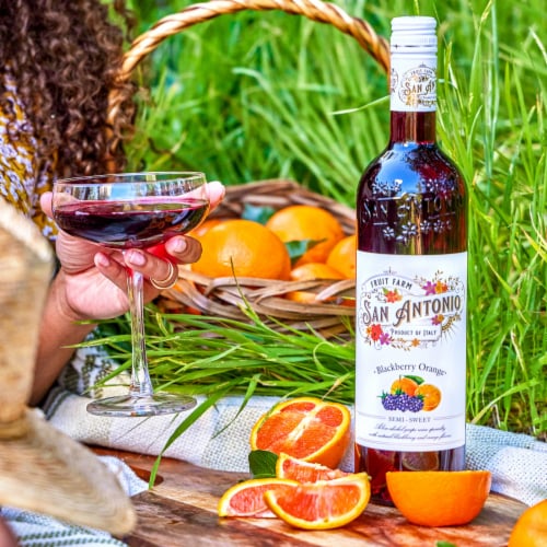 San Antonio Fruit Farm Blackberry Orange Italian Semi-Sweet Red Wine Perspective: right