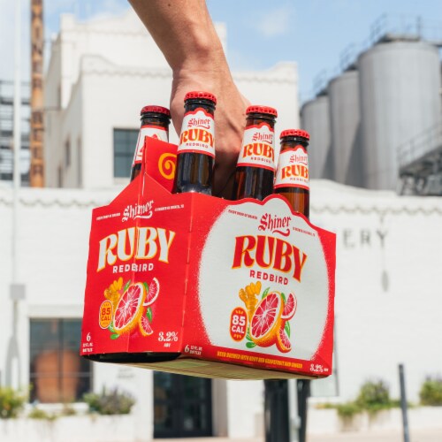 Shiner Ruby Redbird Fruited Lager Craft Beer Perspective: right