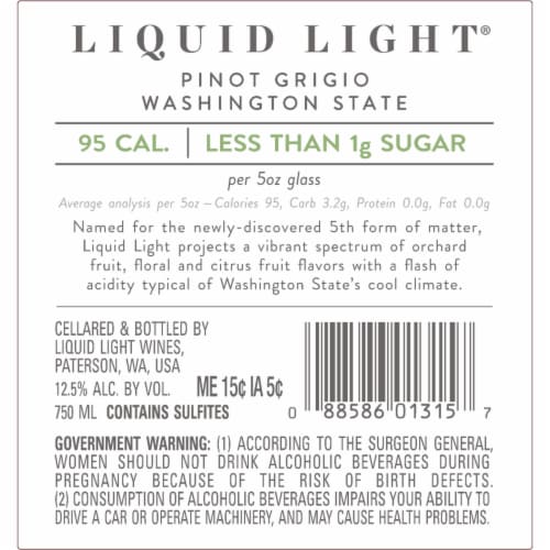 Liquid Light Pinot Grigio Washington Low Calorie Low Sugar Low Carb White Wine Perspective: right