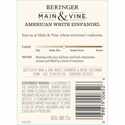 Beringer Main & Vine White Zinfandel Culinary Collection California Rose Wine Perspective: right