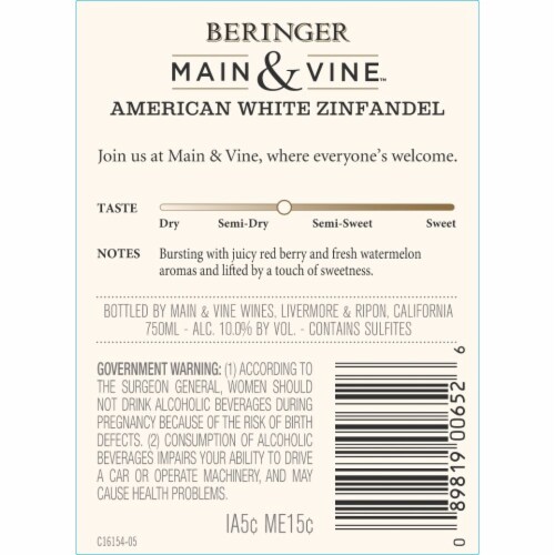 Beringer Main & Vine White Zinfandel Culinary Collection California Rose Wine Perspective: right