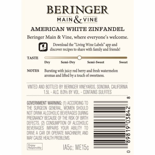 Beringer Main & Vine White Zinfandel California Rose Wine Perspective: right
