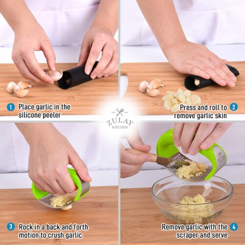 Zulay Kitchen Garlic Press Rocker With Silicone Peeler & Scraper Set - Green Perspective: right