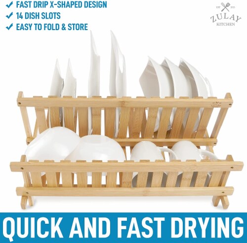 Zulay Kitchen Foldable Bamboo Dish Drying Rack - 2-Tier Perspective: right