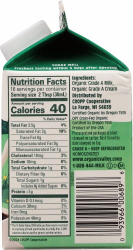Organic Valley Grassmilk Organic Half & Half Perspective: right