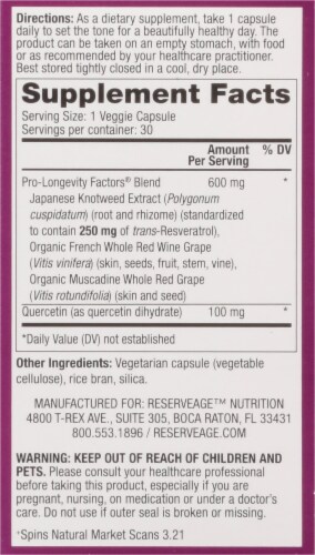 Reserveage Nutrition Resveratrol Veggie Capsules 250mg Perspective: right