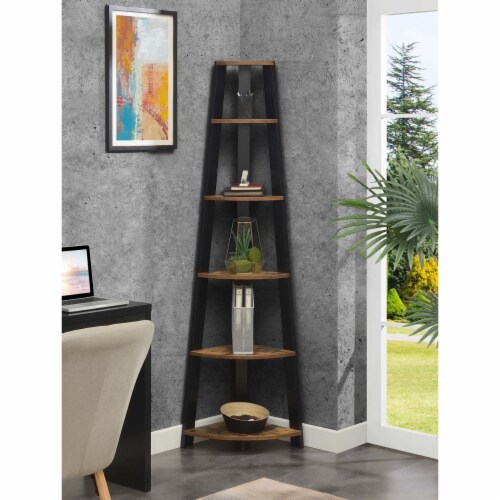 Newport Five-Tier Corner Bookshelf in Nutmeg Wood Finish with Black Wood Frame Perspective: right