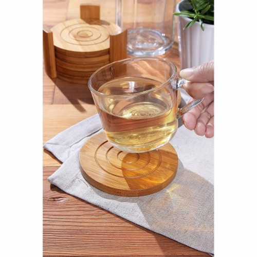 Juvale 6-Pack Round Bamboo Coasters Set with Holder -  Tan, 4.3 Inches Perspective: right