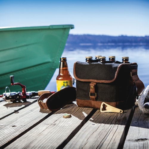 Beer Caddy Cooler Tote with Opener, Black with Brown Accents Perspective: right