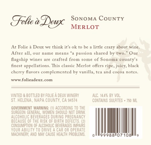 Folie a Deux Alexander Valley Merlot Red Wine Perspective: right
