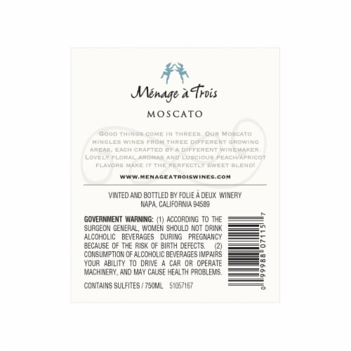 Menage a Trois Moscato California White Wine Perspective: right