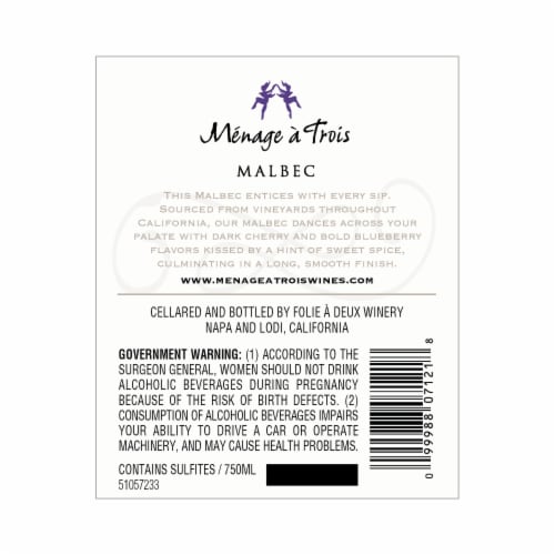 Menage a Trois California Malbec Red Wine Perspective: right