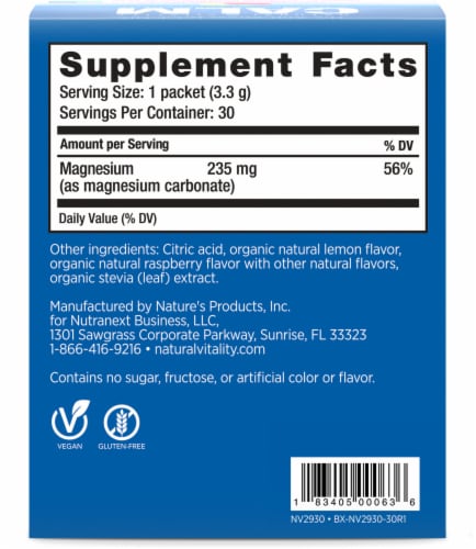 Natural Vitality CALM Raspberry Lemon Magnesium Supplement Drink Mix Perspective: right