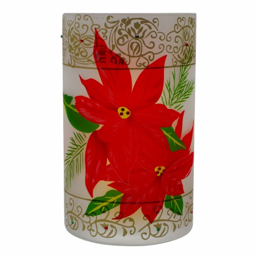 Northlight 10 Hand-Painted Red Poinsettias and Gold Flameless Glass Christmas Candle Holder Perspective: right