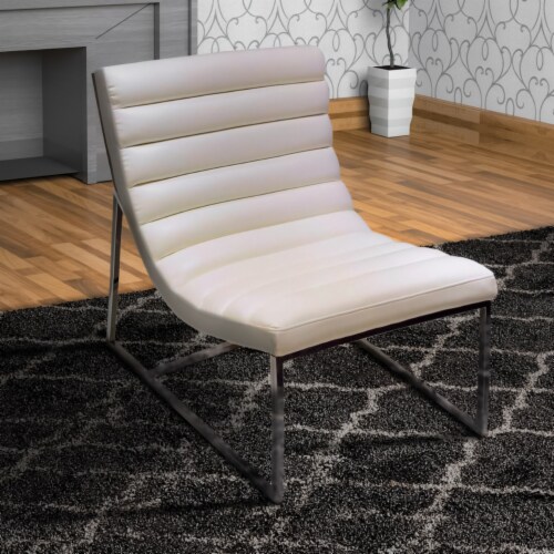 Leather Upholstered Lounge Chair with Channel Tufting Details  and Steel Frame, White  and Perspective: right