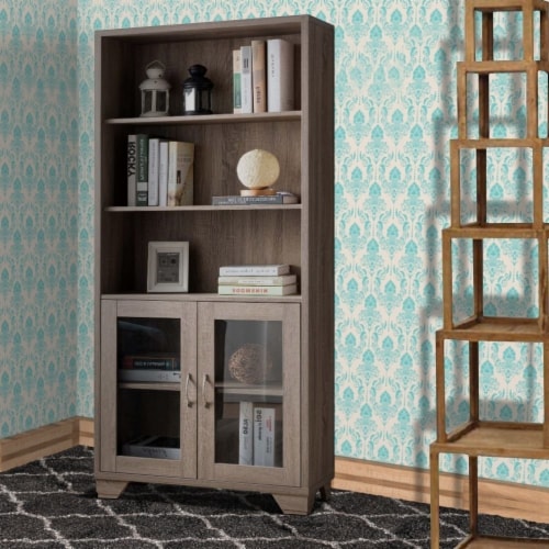Benjara 31.5  Transitional Wood Book Cabinet with 3 Display Shelves in Brown Perspective: right