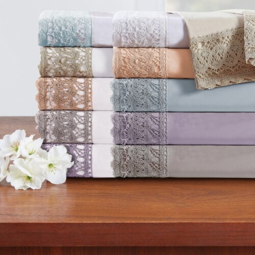 Udine 4 Piece King Size Microfiber Sheet Set with Crochet Lace The Urban Port, Pink Perspective: right