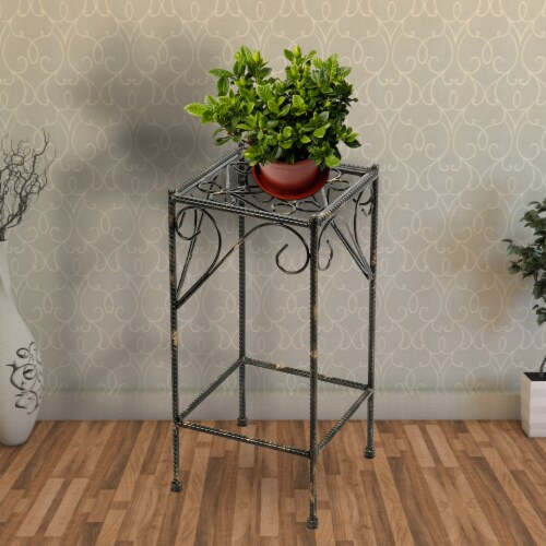 Benjara BM216724 Scrolled Metal Frame Plant Stand with Square Top, Black - Medium Perspective: right