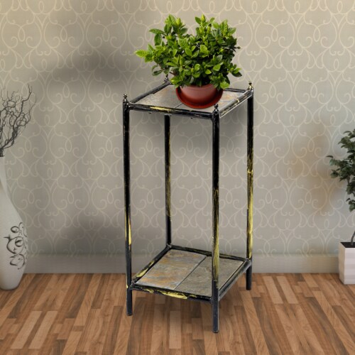 Benjara BM216732 2 Tier Square Stone Top Plant Stand with Metal Frame, Black & Gray - Small Perspective: right