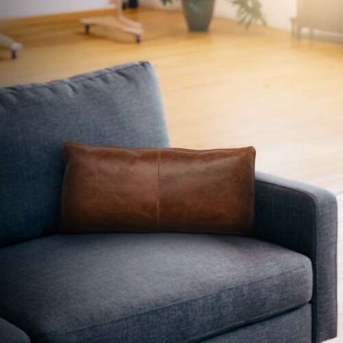 Leatherette Throw Pillow with Stitched Details and Flanged Edges, Brown Perspective: right