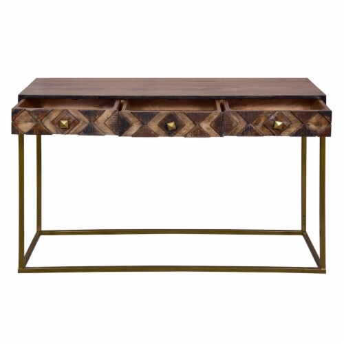 51 Inch 3 Drawer Mango Wood Console Table, Diamond Textured Panels, Metal Frame, Brown Perspective: right